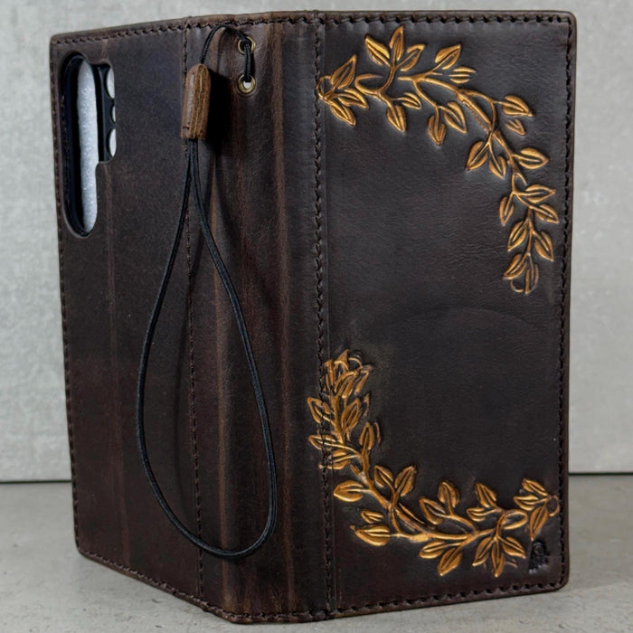 Handmade Leather Wallet Case: Floral Book Design for Galaxy S21/S22/S23/S24/S25