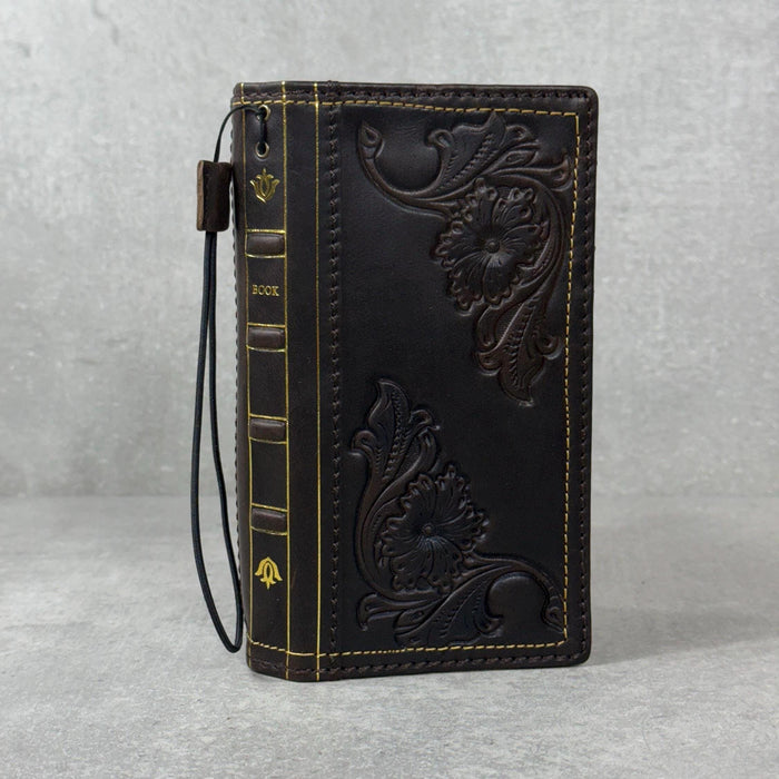 Handmade Leather Wallet Case: Floral Book Design for Galaxy