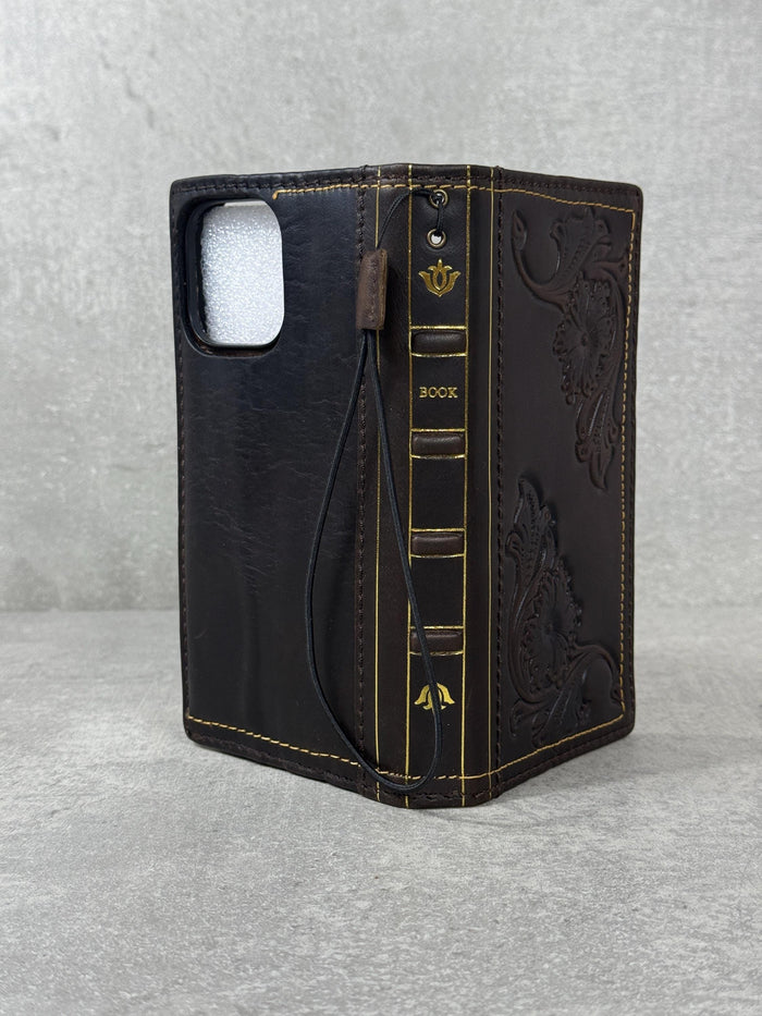 Handmade Leather Wallet Case: Floral Book Design for Galaxy