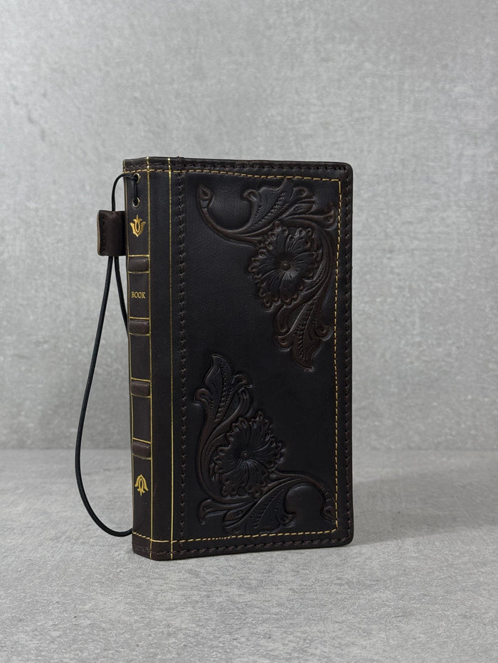 Handmade Leather Wallet Case: Floral Book Design for Galaxy