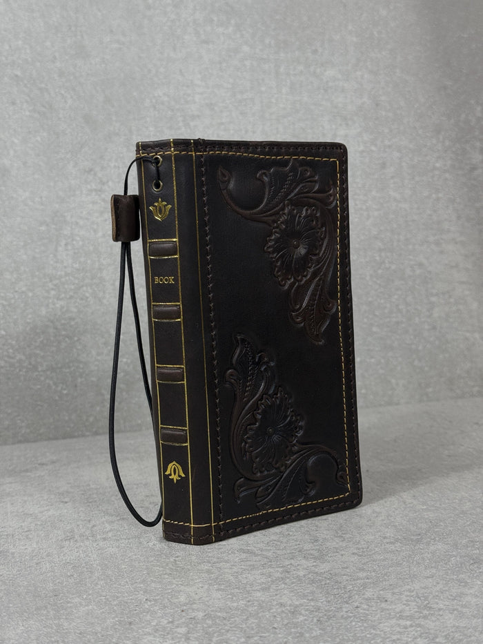 Handmade Leather Wallet Case: Floral Book Design for Galaxy