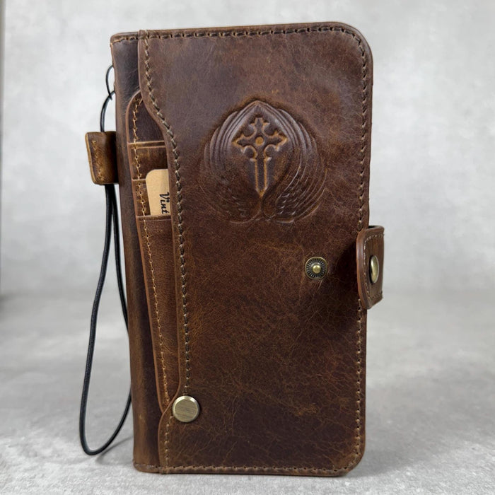 Handmade Leather Wallet Case for Galaxy: Book Design, Card Slots