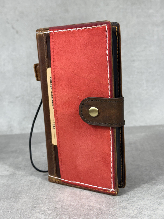 Handmade Leather Wallet Case for Galaxy: Book Design, Card Slots