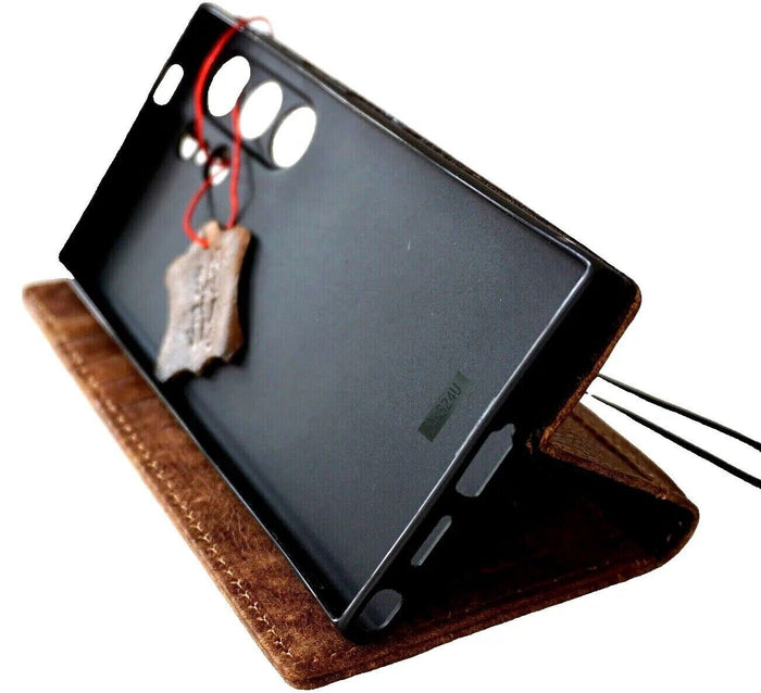 Handmade Leather Wallet Case for Galaxy: Card Slots, Retro Book Design