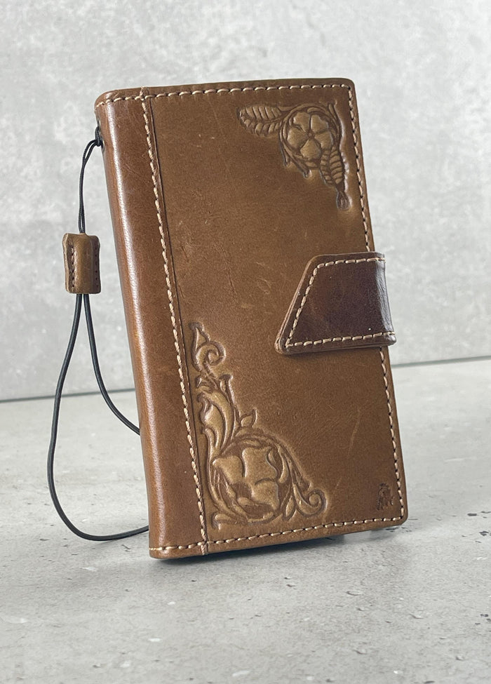 Handmade Leather Wallet Case for Galaxy: Vintage Floral Cover