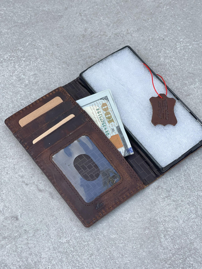 Handmade Leather Wallet Case for Google Pixel Fold: Art Book Design