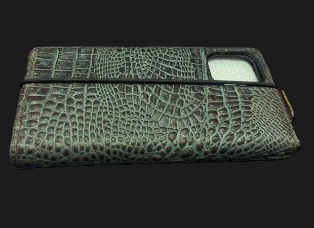Handmade Leather Wallet Case for Google Pixel Fold: Green Crocodile Design
