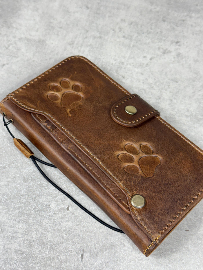 Handmade Leather Wallet Case for Google Pixel Fold: Paw Print Design