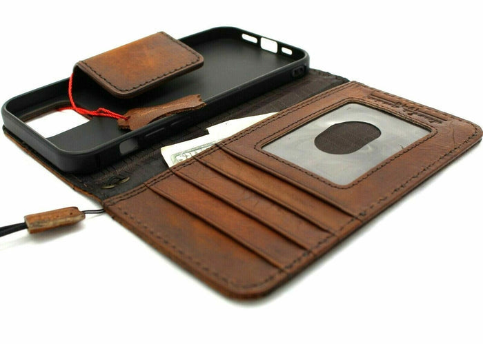 Handmade Leather Wallet Case: Magnetic Book Cover with Card Slots