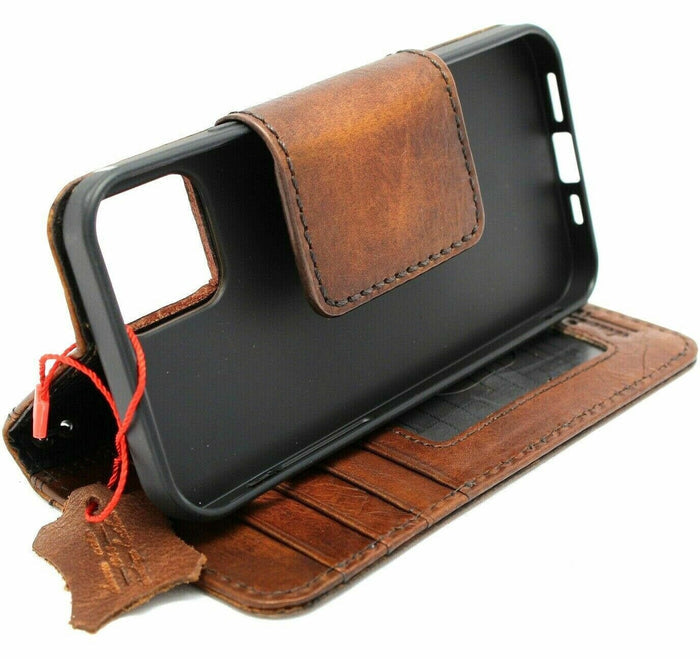 Handmade Leather Wallet Case: Magnetic Book Cover with Card Slots