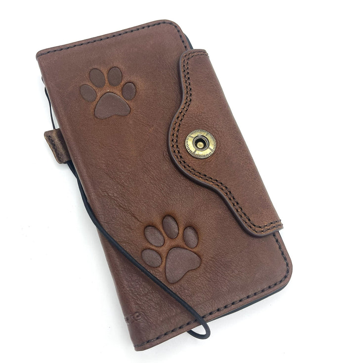 Handmade Leather Wallet Phone Case: Cat Dog Paw Print, Card Slots