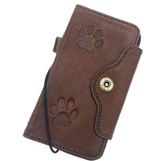 Handmade Leather Wallet Phone Case: Cat Dog Paw Print, Card Slots