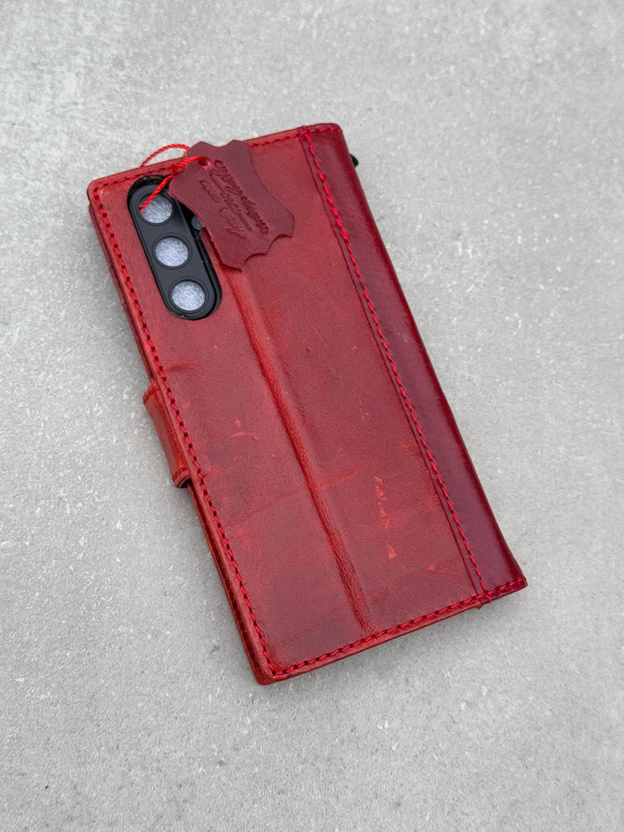 Handmade Leather Wallet Phone Case: Magnetic Book Cover with Card Slots