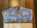 Floral-patterned fabric pouch on a wooden surface
