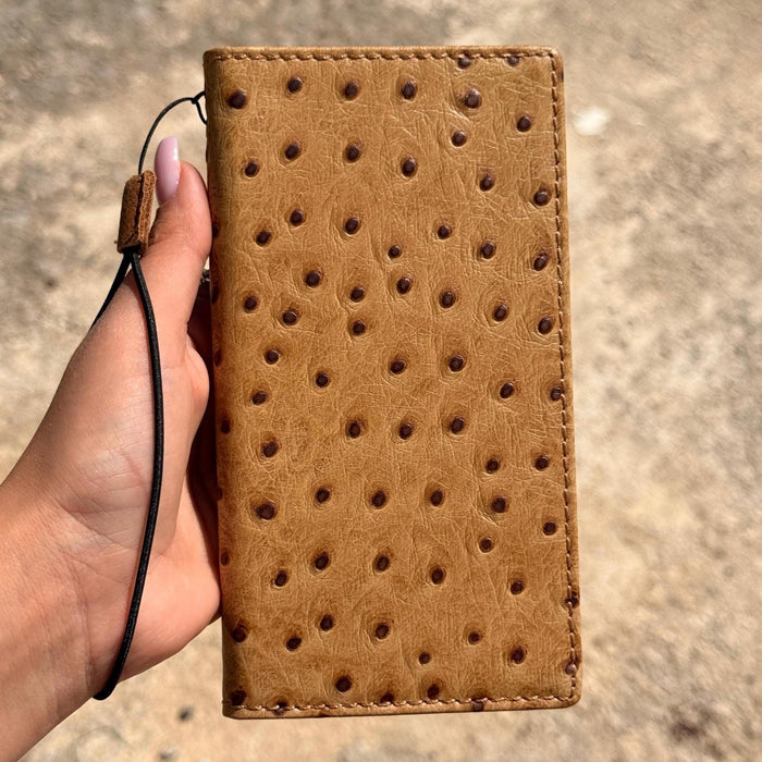Handmade Ostrich Pattern Leather iPhone Case: Vintage Book Style Wallet
