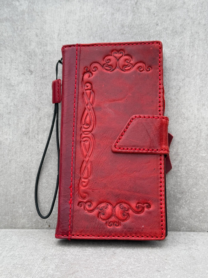 Handmade Red Leather iPhone Wallet Case: Vintage Book Design