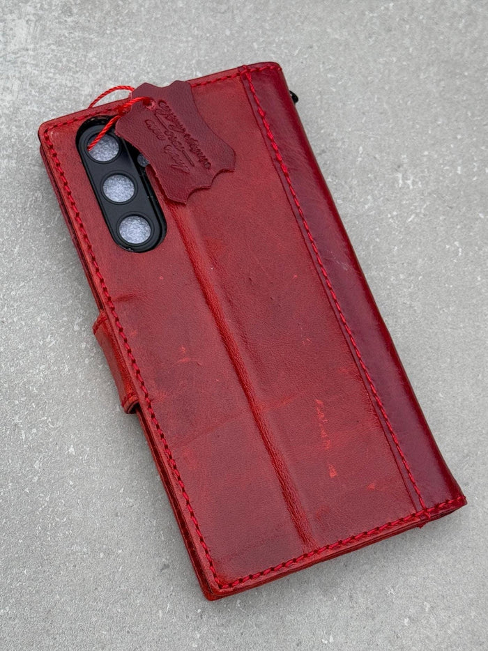 Handmade Red Leather iPhone Wallet Case: Vintage Book Design