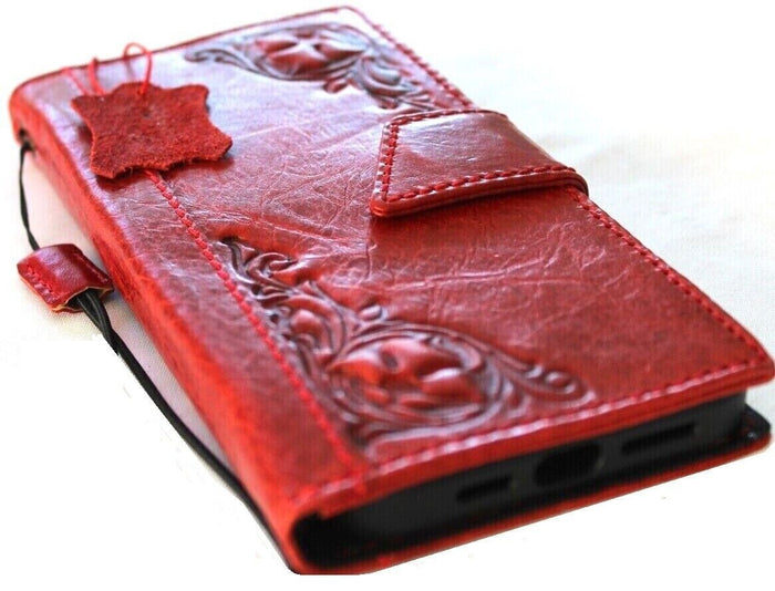 Handmade Red Leather iPhone Wallet Case: Vintage Stamped Book Cover