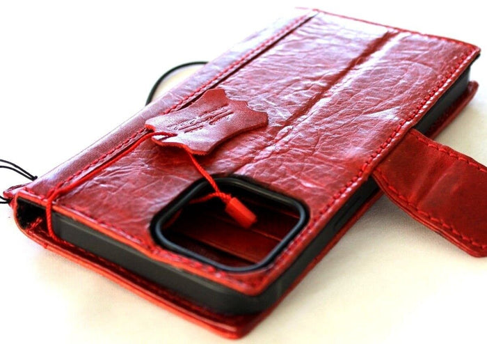 Handmade Red Leather iPhone Wallet Case: Vintage Stamped Book Cover