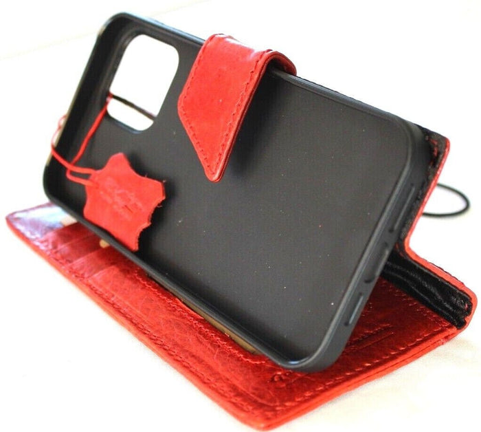Handmade Red Leather iPhone Wallet Case: Vintage Stamped Book Cover