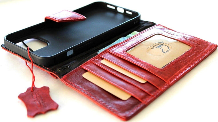 Handmade Red Leather iPhone Wallet Case: Vintage Stamped Book Cover