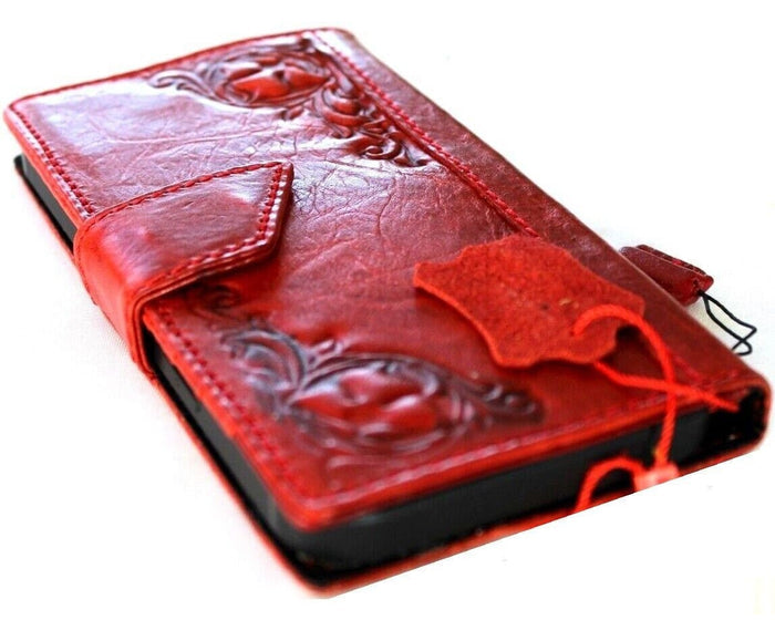 Handmade Red Leather iPhone Wallet Case: Vintage Stamped Book Cover