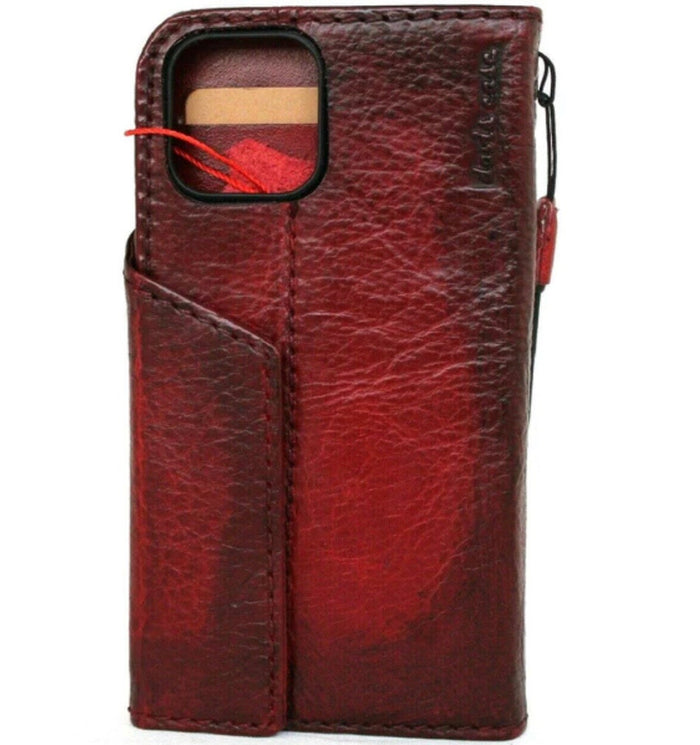 Handmade Red Wine Leather iPhone Wallet Case: Magnetic Book Cover