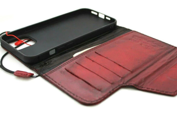 Handmade Red Wine Leather iPhone Wallet Case: Magnetic Book Cover