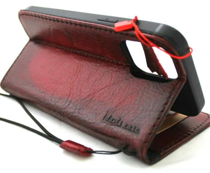 Handmade Red Wine Leather iPhone Wallet Case: Magnetic Book Cover