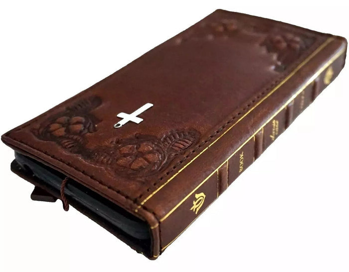 Handmade Vintage Leather iPhone Wallet Case: Jesus Cross Art Design