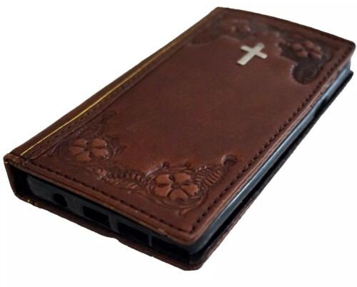 Handmade Vintage Leather iPhone Wallet Case: Jesus Cross Art Design
