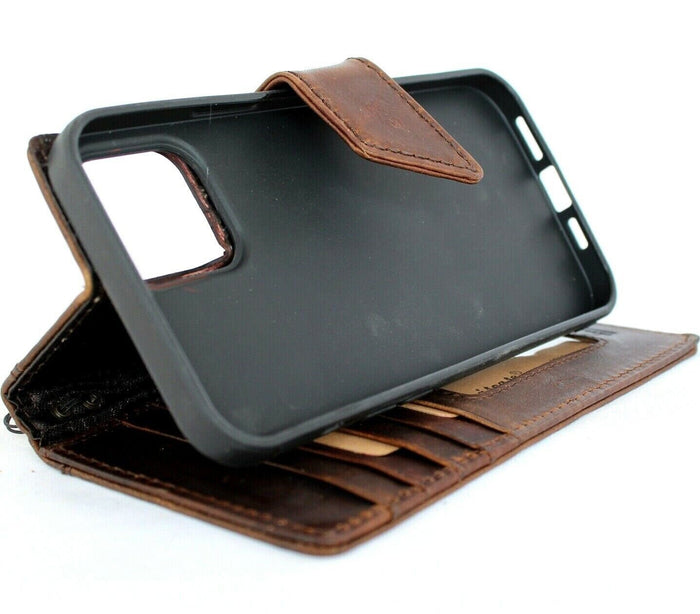 Handmade Vintage Leather iPhone Wallet Case: Magnetic Bracket