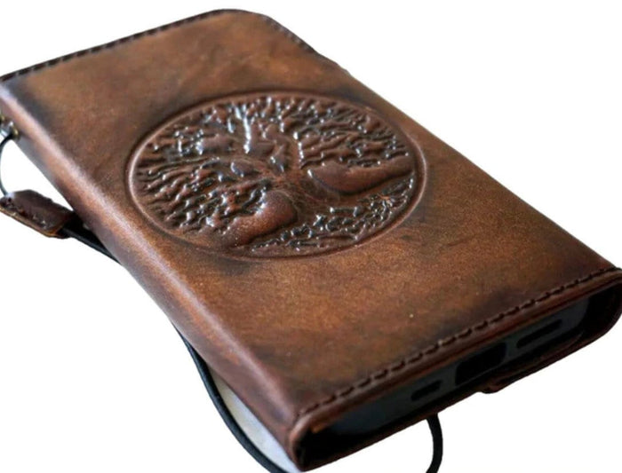Handmade Vintage Leather iPhone Wallet Case: Tree of Life Art