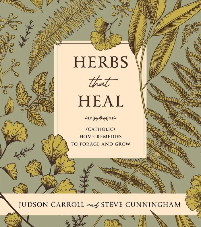 Book cover with botanical illustrations and text 'Herbs that Heal' on a green background