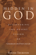 Book cover of 'Hidden in God' with a blurred background of people in robes.