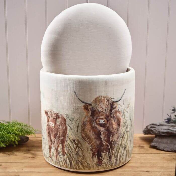 Highland Cow Dougal Round Fabric Storage Stool