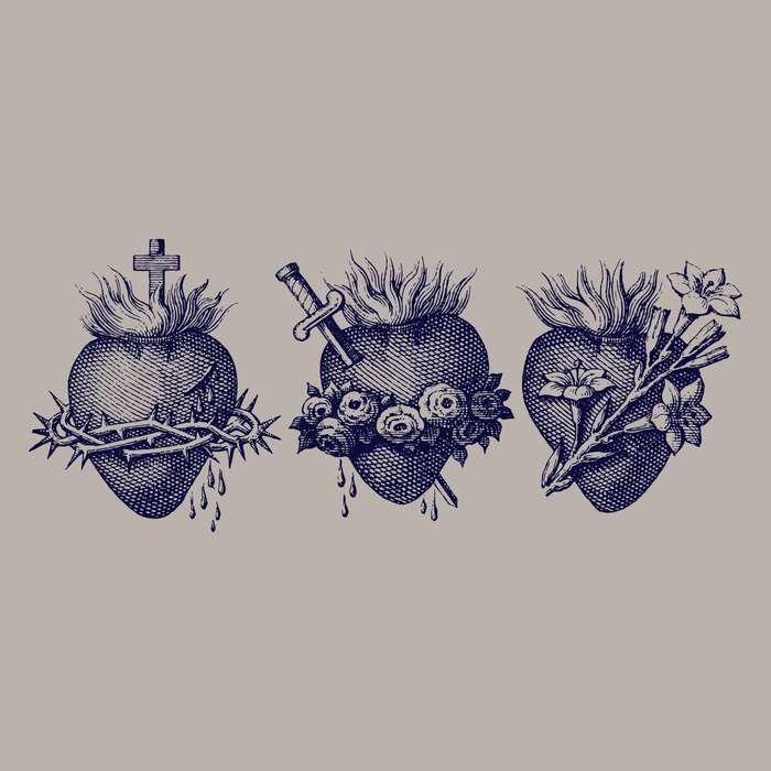 Three illustrations of sacred hearts with various elements on a beige background