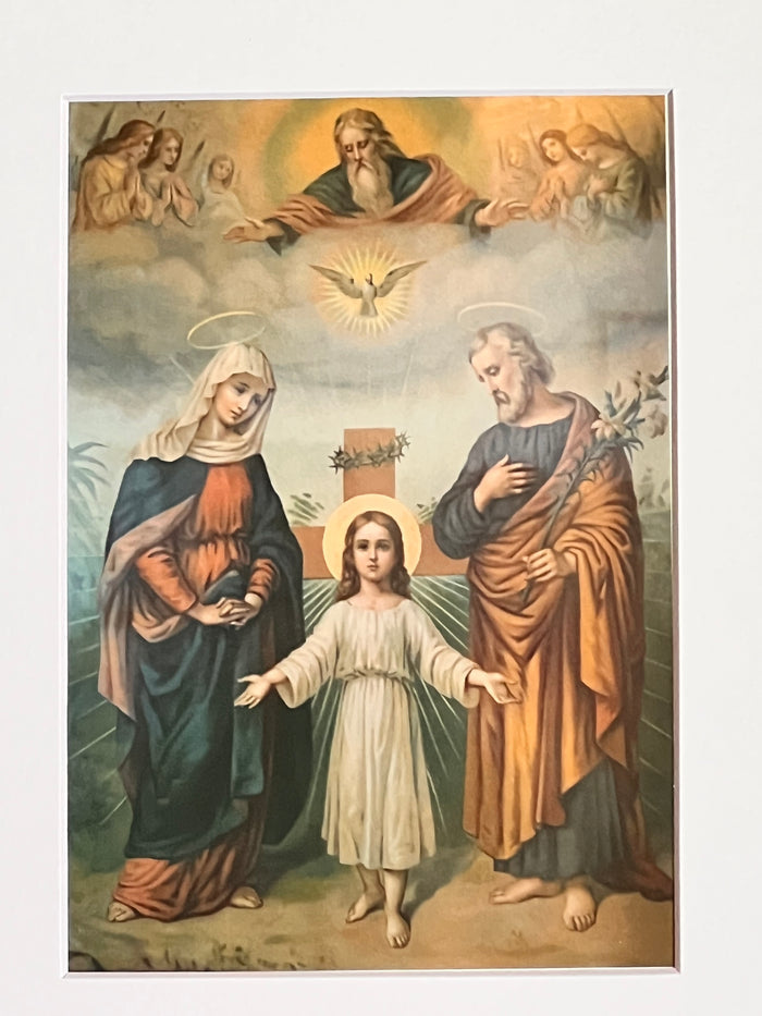 Painting of religious figures with a dove and halo effects