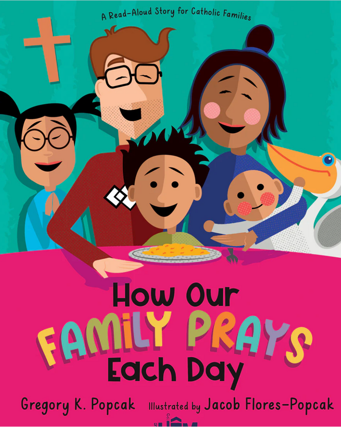 Book cover of 'How Our Family Prays Each Day' with cartoon family at a table.