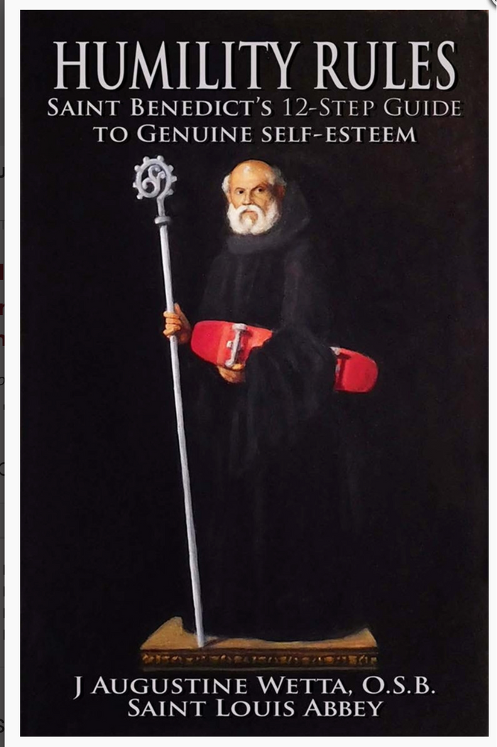 Book cover of 'Humility Rules' by J Augustine Wetta with a religious figure holding a staff.