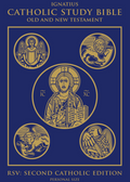 Cover of the Ignatius Catholic Study Bible with religious symbols on a blue background