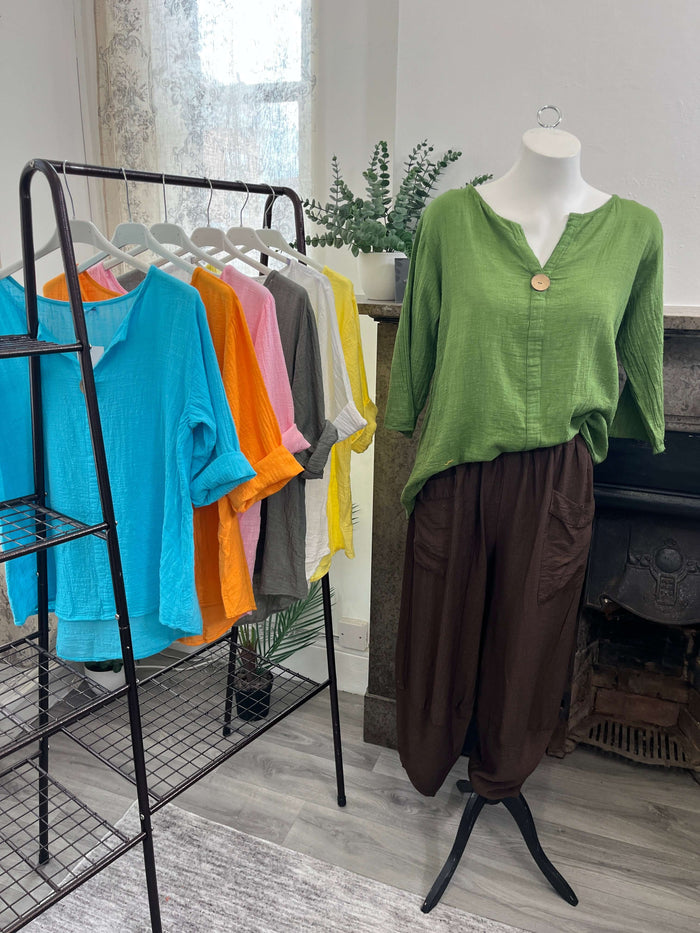 India Wooden Button Boxy Slouchy Blouse