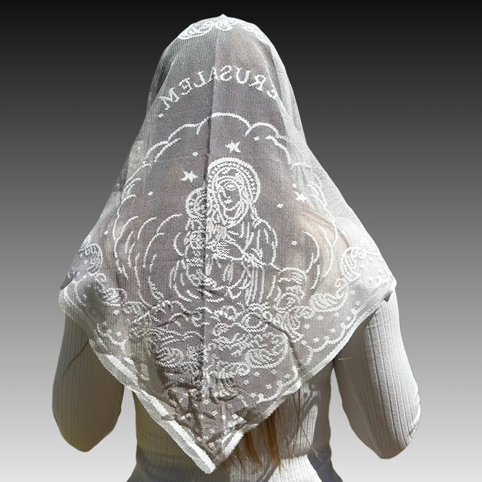 Veil with embroidered design of a religious figure and 'Jerusalem' text on a gradient background