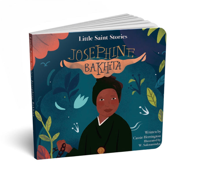 Book titled 'Little Saint Stories: Josephine Bakhita' with a dark blue cover featuring an illustration of a woman.