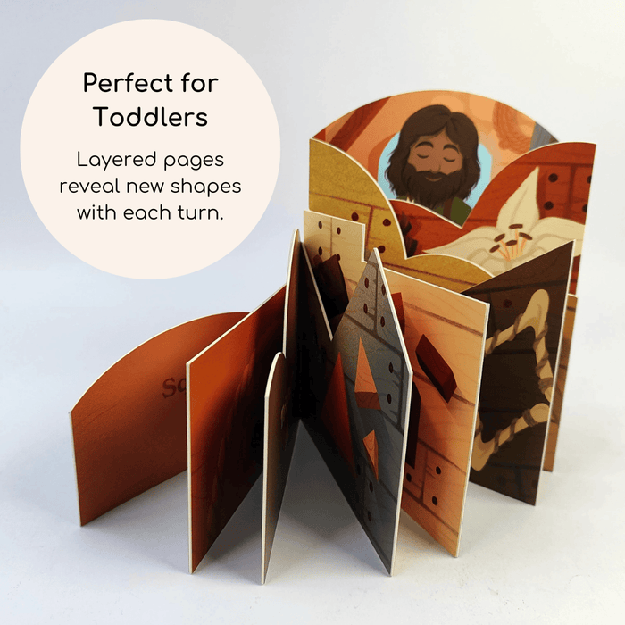 Children's book with layered pages on a white background