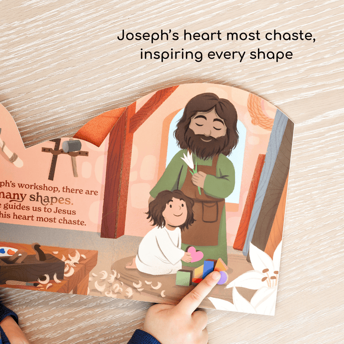 Illustrated book page showing Joseph and a child in a workshop with text about Joseph's heart.