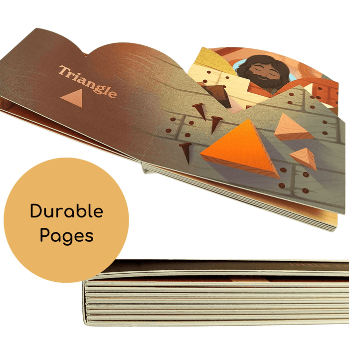 Open book with geometric illustrations and 'Triangle' branding, highlighting durable pages.