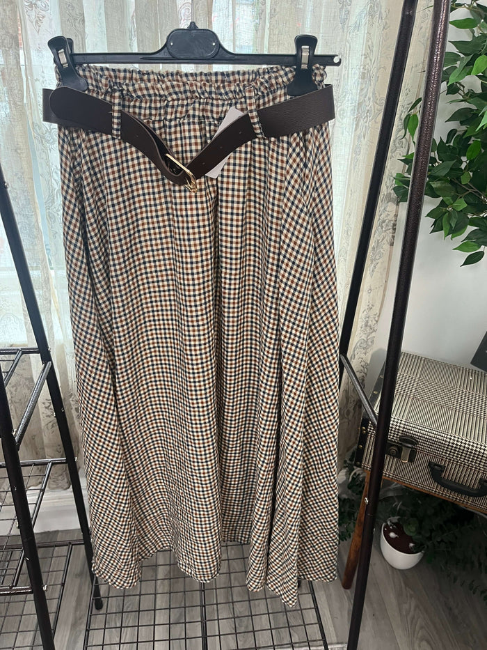 Ladies Brown Gingham Print Circle Maxi Skirt