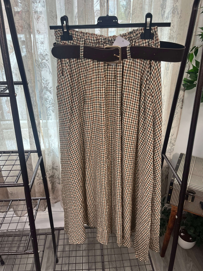 Ladies Brown Gingham Print Circle Maxi Skirt