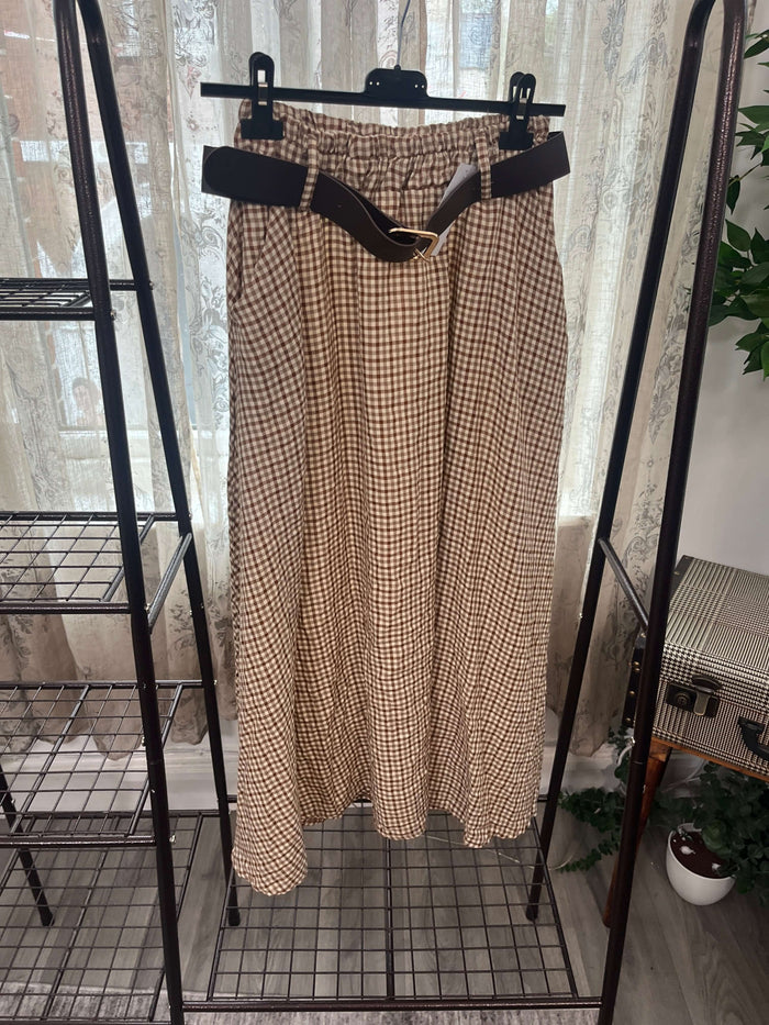 Ladies Brown Gingham Print Circle Maxi Skirt